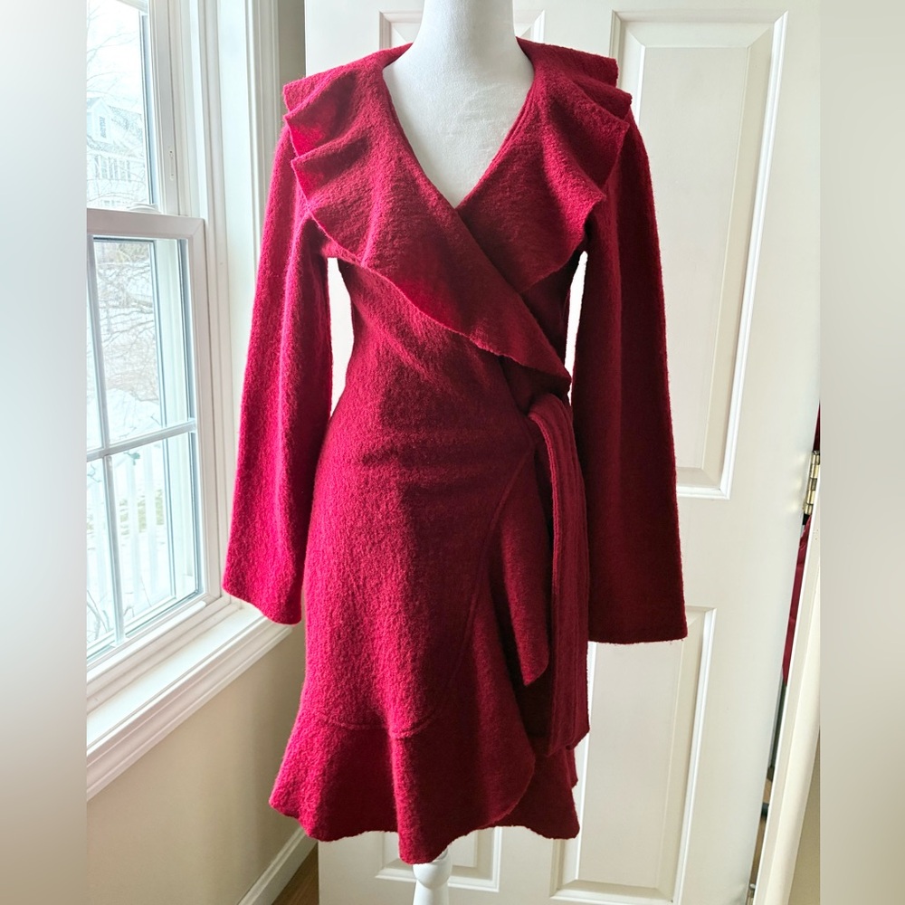 Sarah Spencer Boiled Wool Wrap Cardigan Coat with Belt Red Size S - Picture 2 of 16